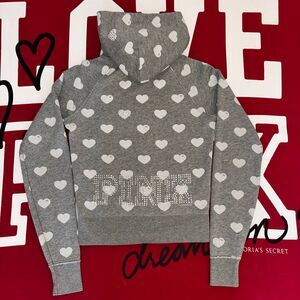Victoria’s Secret PINK Rhinestone Bling Hearts Gray Full Zip Hoodie Y2K 2000s